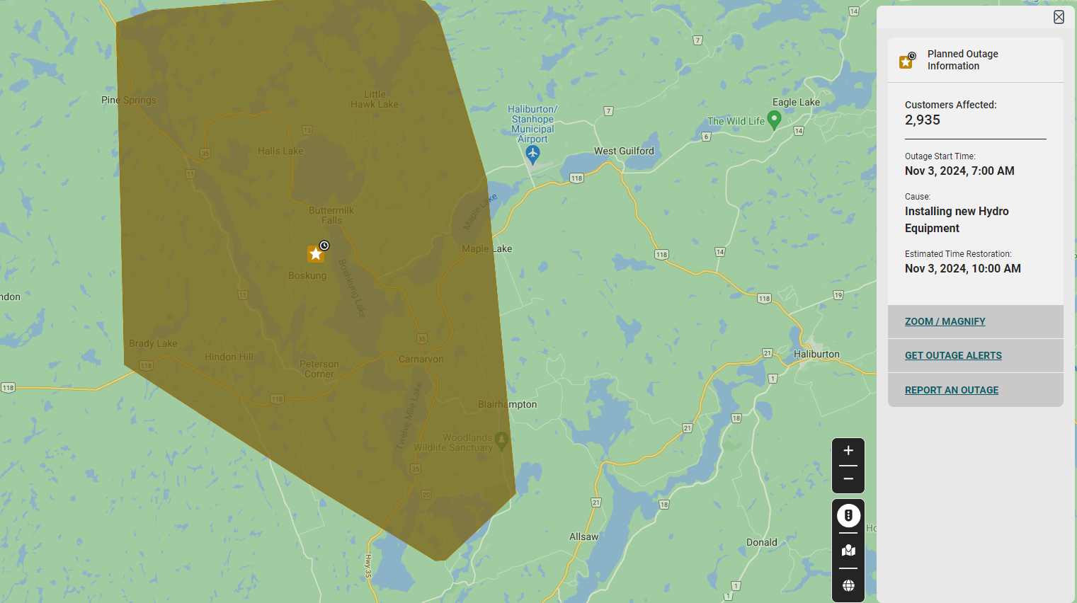 Image shows a Hydro One outage map.