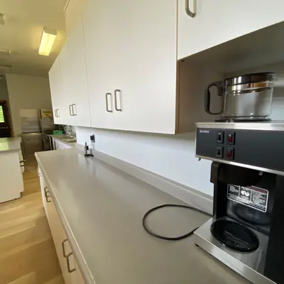 Image shows the kitchen inside the Dorset Recreation Centre. 