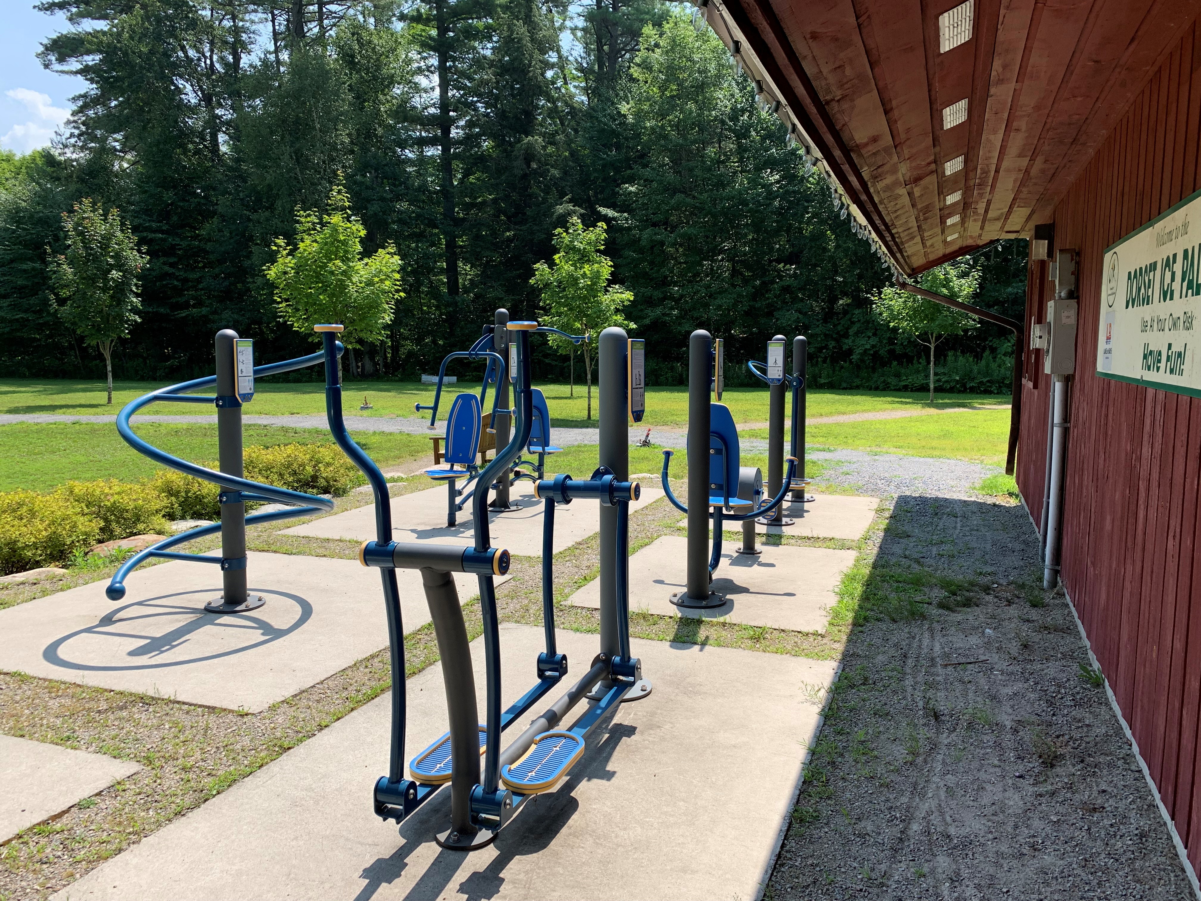 Image shows outdoor exercise equipment at Dorset Lions Centennial Park.