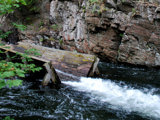 Image shows the a wooden structure spouting water into a a river. 