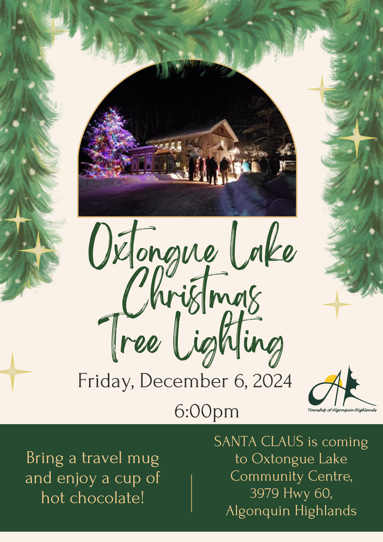 Image shows poster for Oxtongue Lake Christmas Tree Lighting.