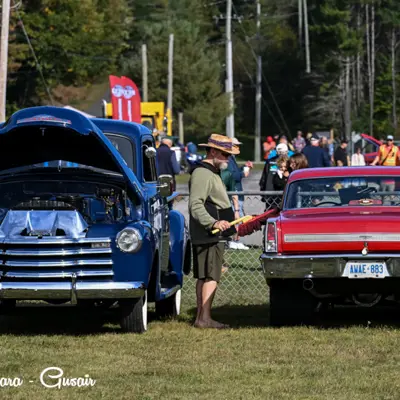 Image shows people looking at antique cars.