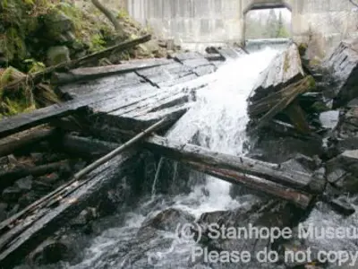 Imaged shows the broken Hawk Lake Log Chute. 