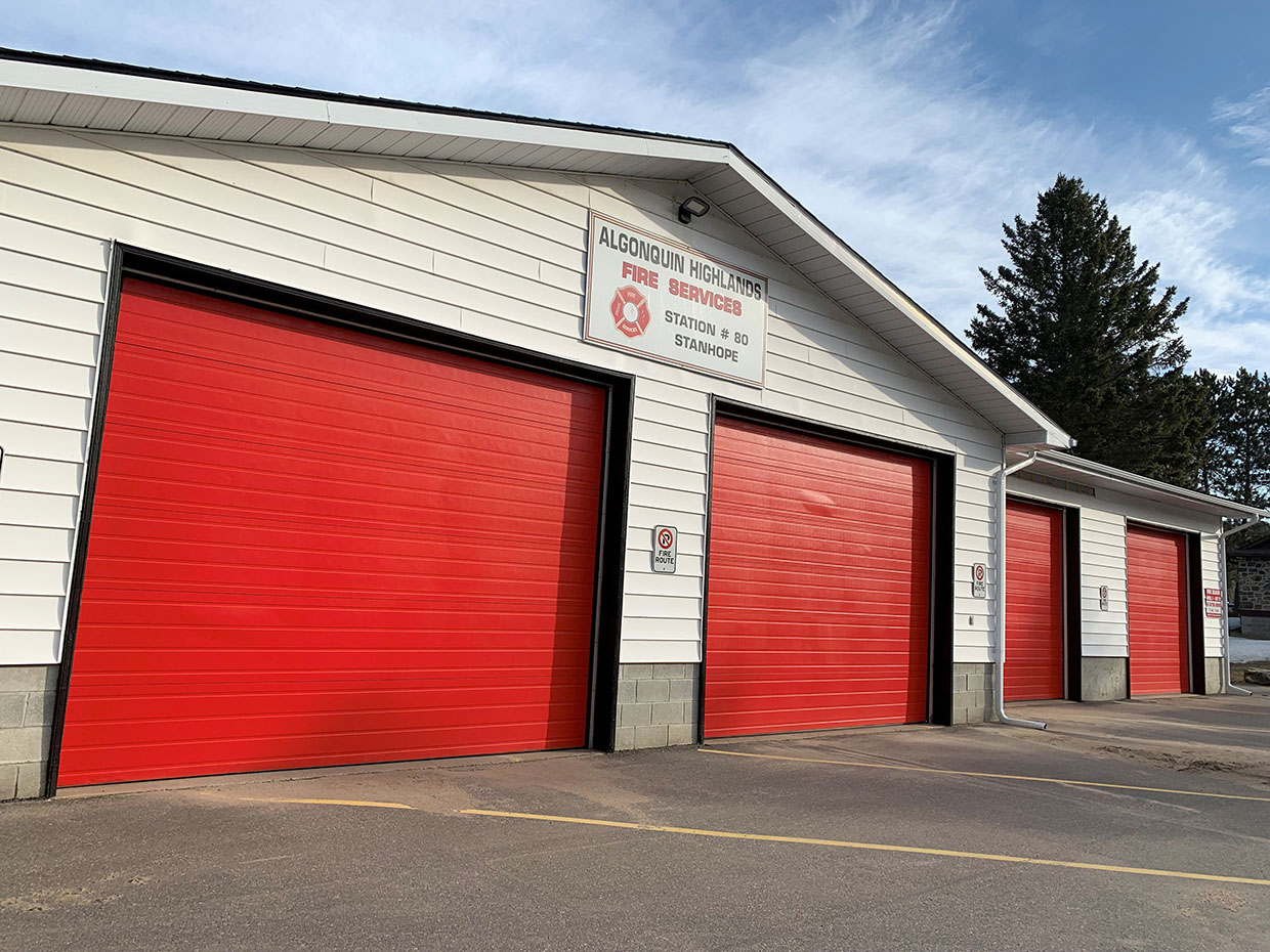 Image shows front of Stanhope fire hall.